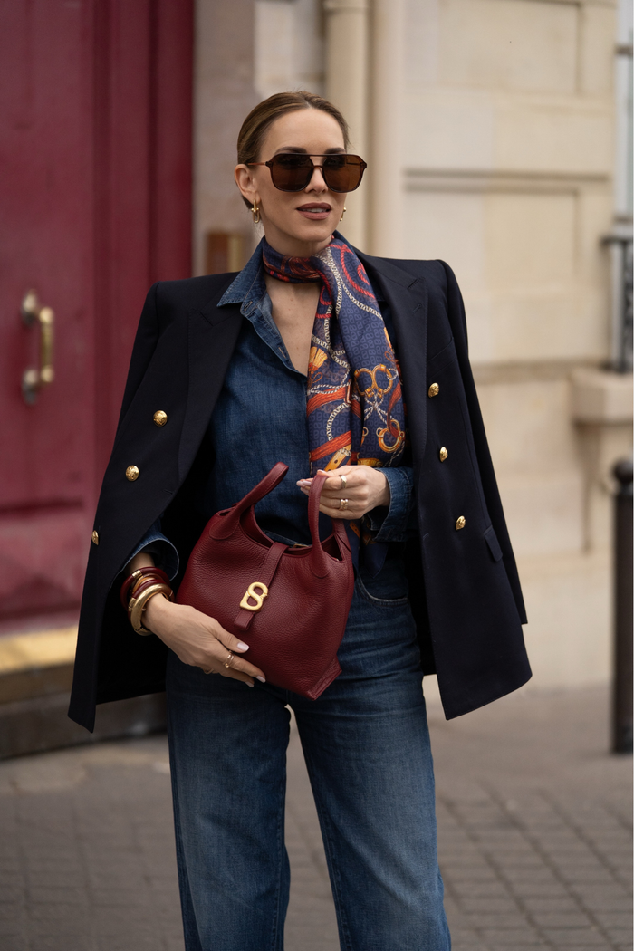 alexandra shoulder bag in cranberry by buttonscarves style look