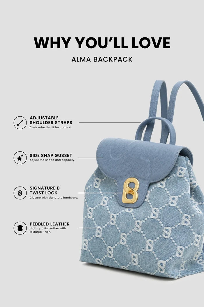 alma backpack in denim by buttonscarves feature overview