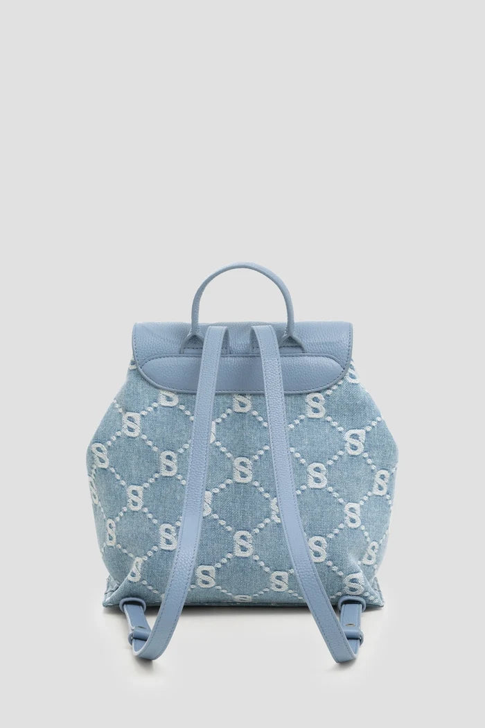 alma backpack in denim by buttonscarves back view