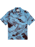 Blue wave-pattern short-sleeve silk shirt with chest pocket, flatlay front view .