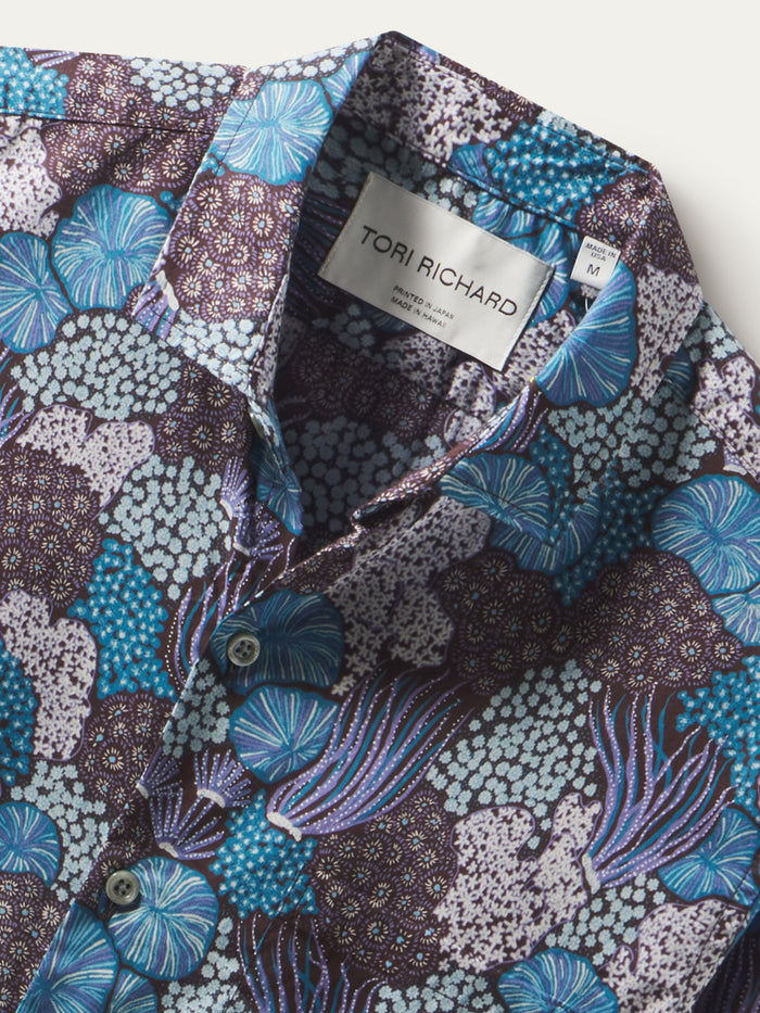 Blue and purple floral cotton shirt, close-up of Anthozoa print.