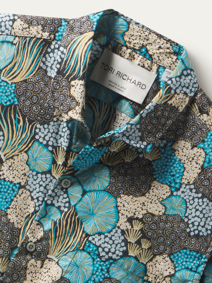 Blue, black, and tan coral-print cotton lawn shirt with visible collar label.
