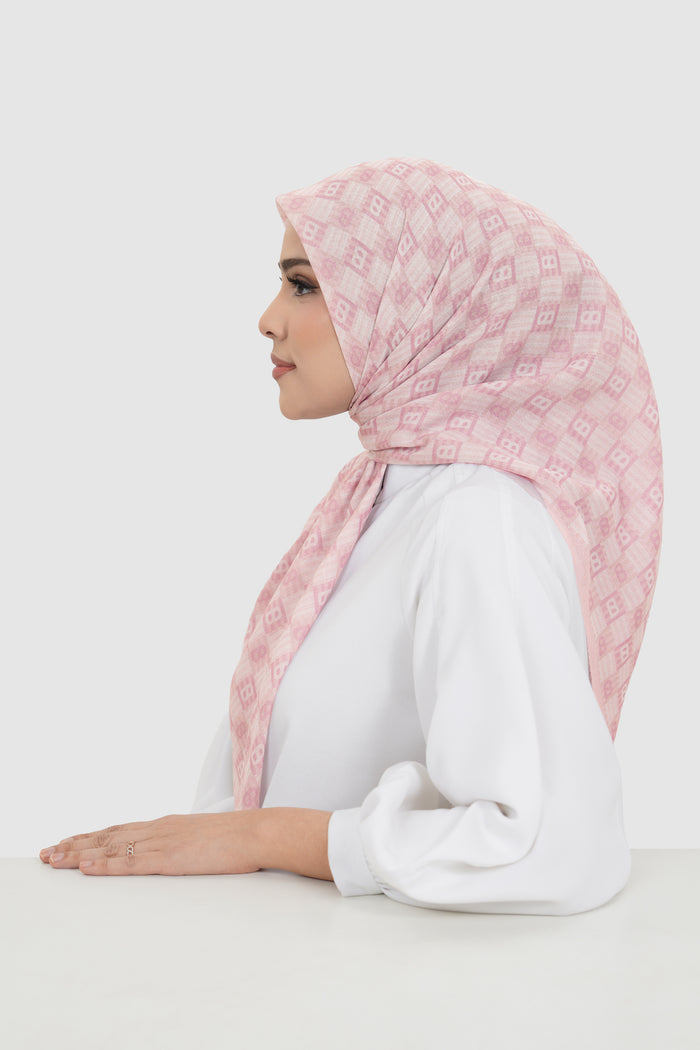 anyam printed square scarf in bleached mauve by buttonscarves side view