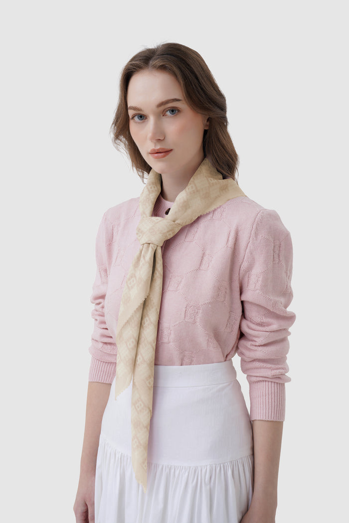 anyam printed square scarf in bleached sand by buttonscarves style look