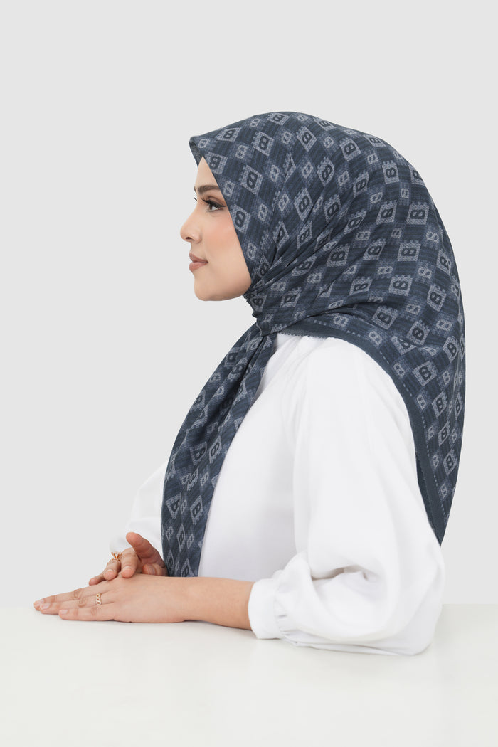 anyam printed square scarf in blue nights by buttonscarves side view