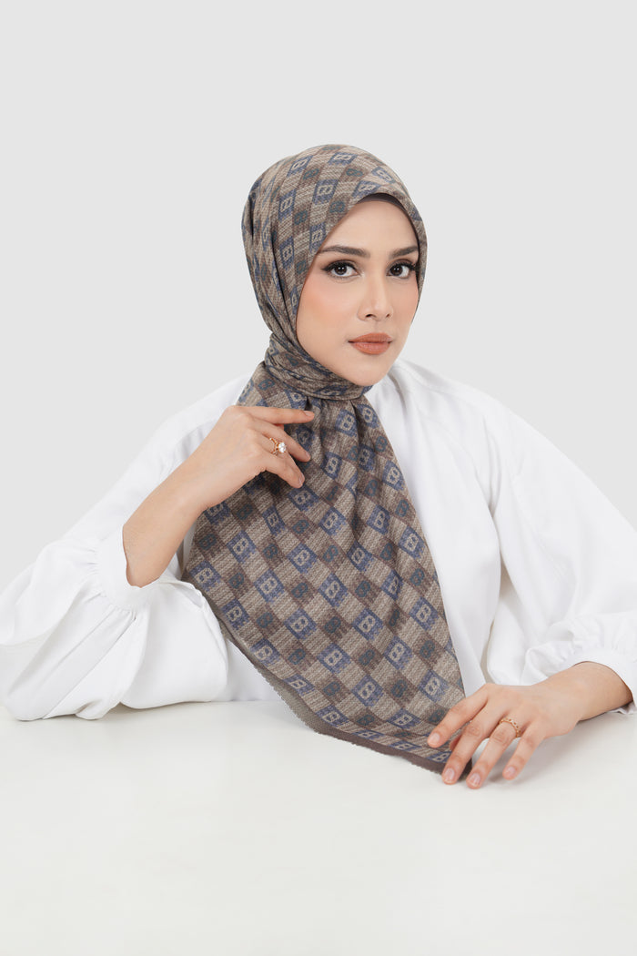 anyam printed square scarf in chocolate by buttonscarves front view