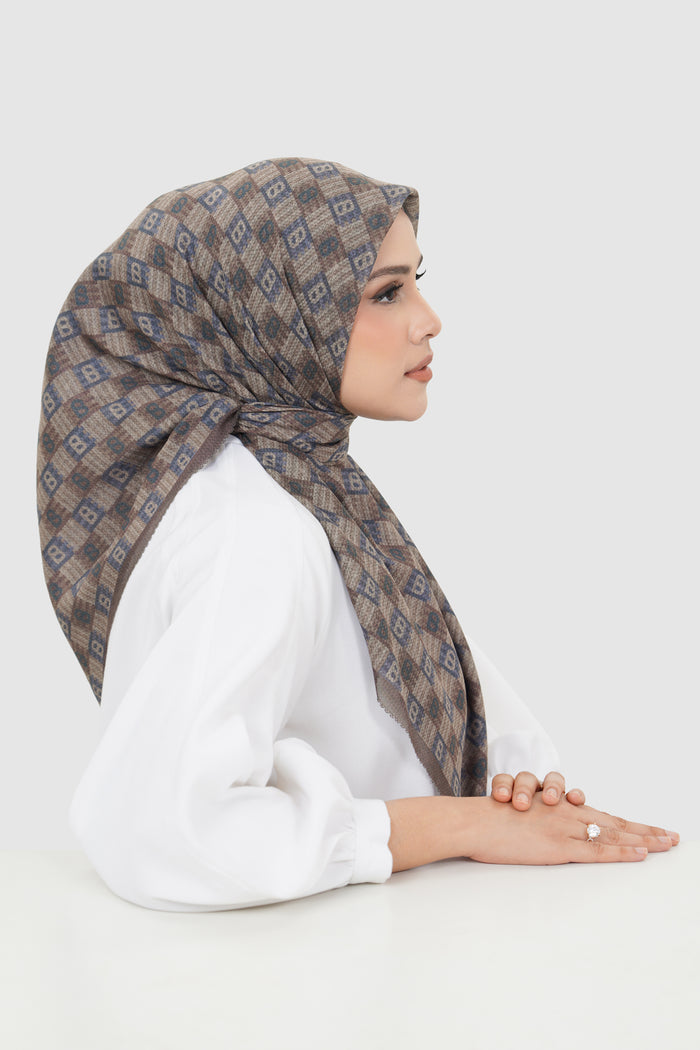 anyam printed square scarf in chocolate by buttonscarves side view