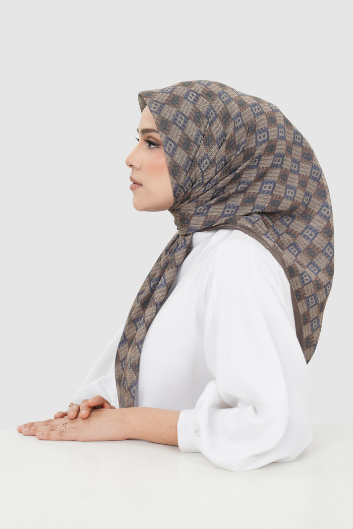 anyam printed square scarf in chocolate by buttonscarves side view