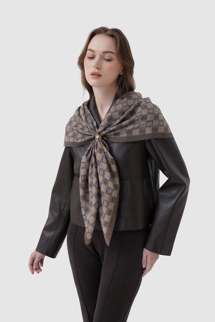 anyam printed square scarf in chocolate by buttonscarves style look