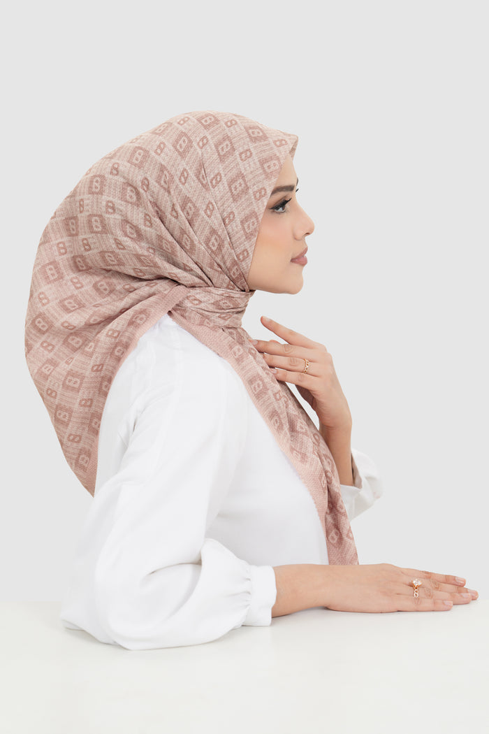 anyam printed square scarf in pale mauve by buttonscarves side view