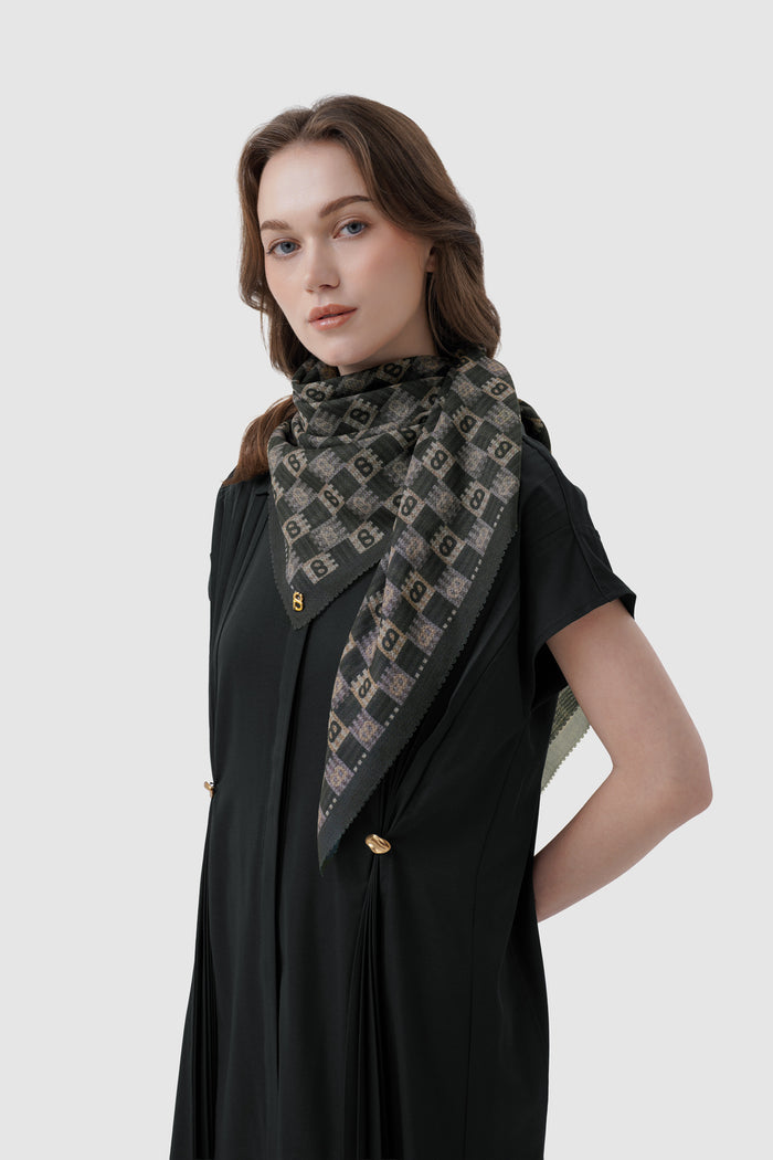 anyam printed square scarf in phantom by buttonscarves style look