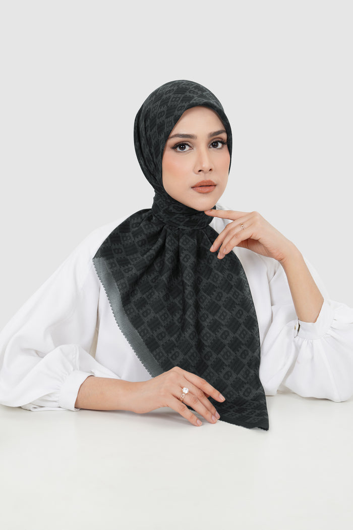 anyam printed square scarf in pirate black by buttonscarves front view