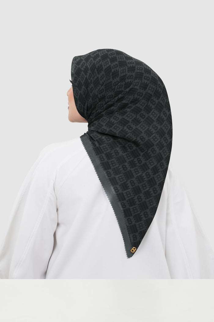 anyam printed square scarf in pirate black by buttonscarves back view