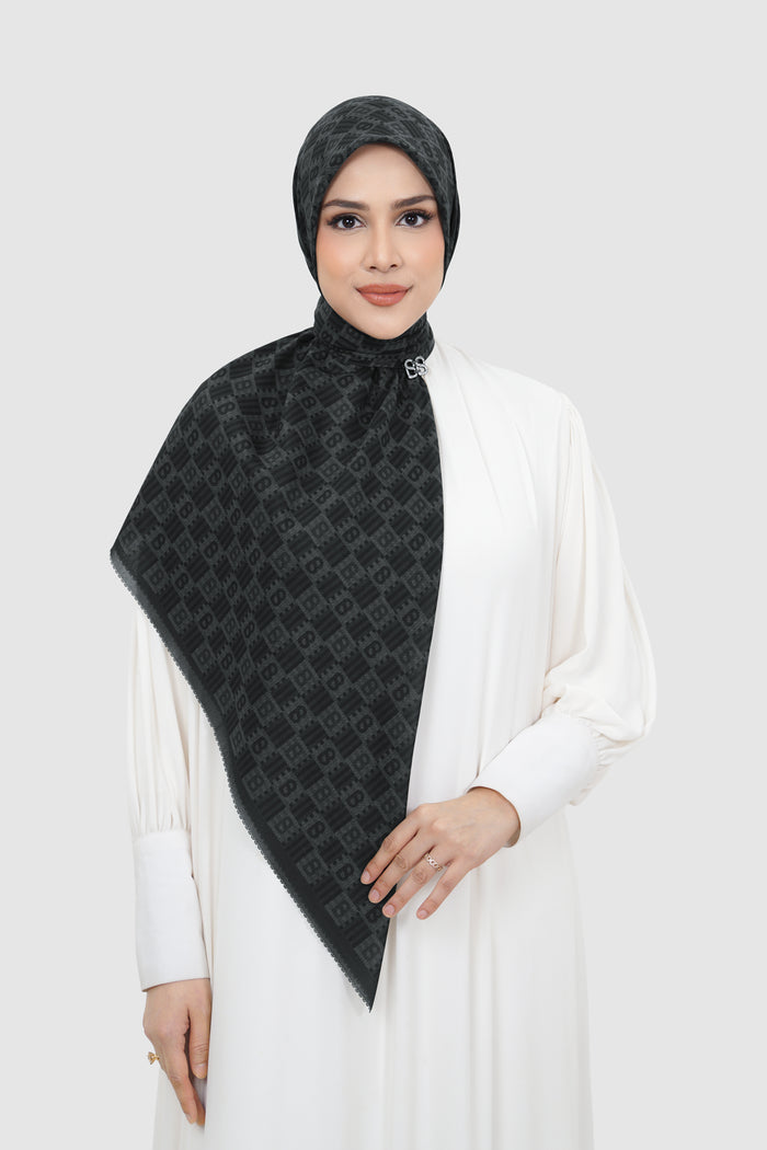 anyam printed square scarf in pirate black by buttonscarves front view
