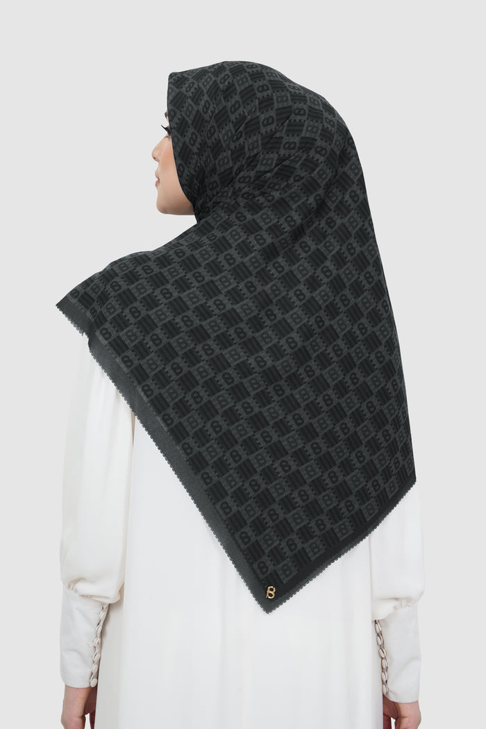 anyam printed square scarf in pirate black by buttonscarves back view