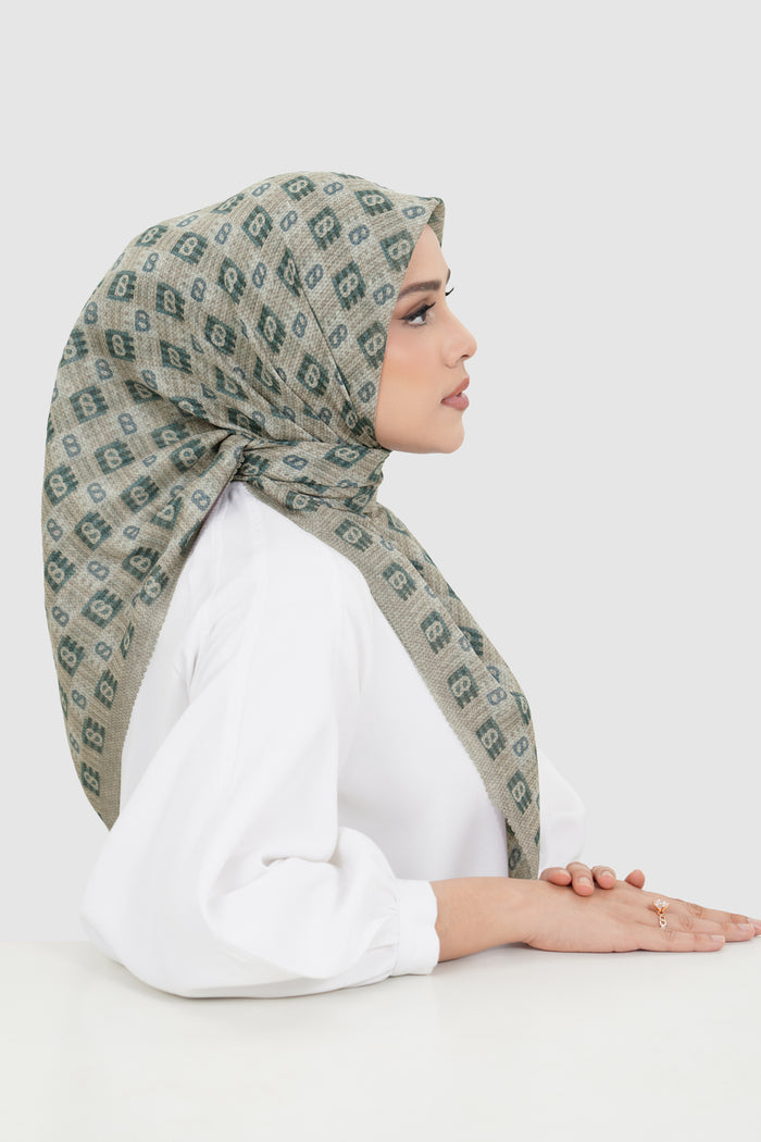 anyam printed square scarf in plaza taupe by buttonscarves side view