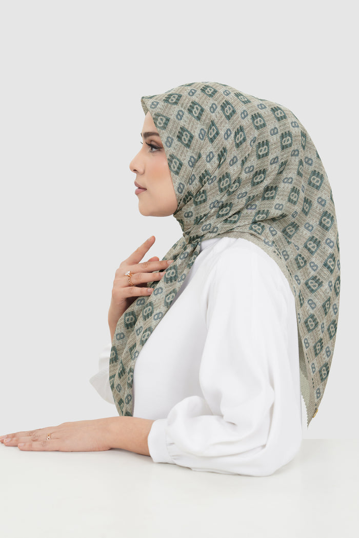 anyam printed square scarf in plaza taupe by buttonscarves side view
