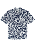 Navy/white palm tree-print moisture-wicking short-sleeve shirt, front and back views.