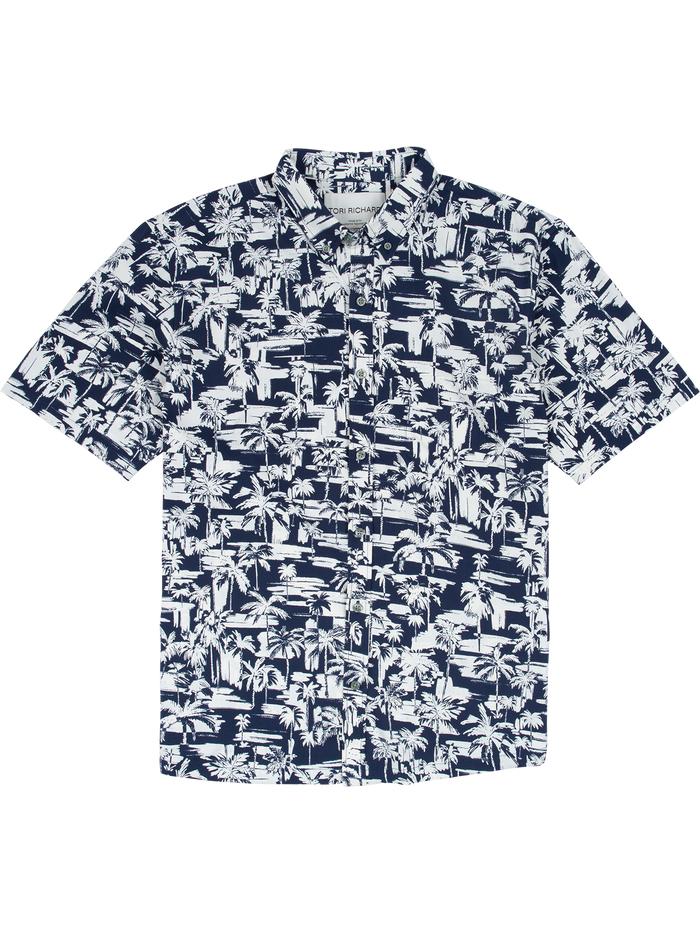 Navy/white palm tree-print moisture-wicking short-sleeve shirt, front and back views.
