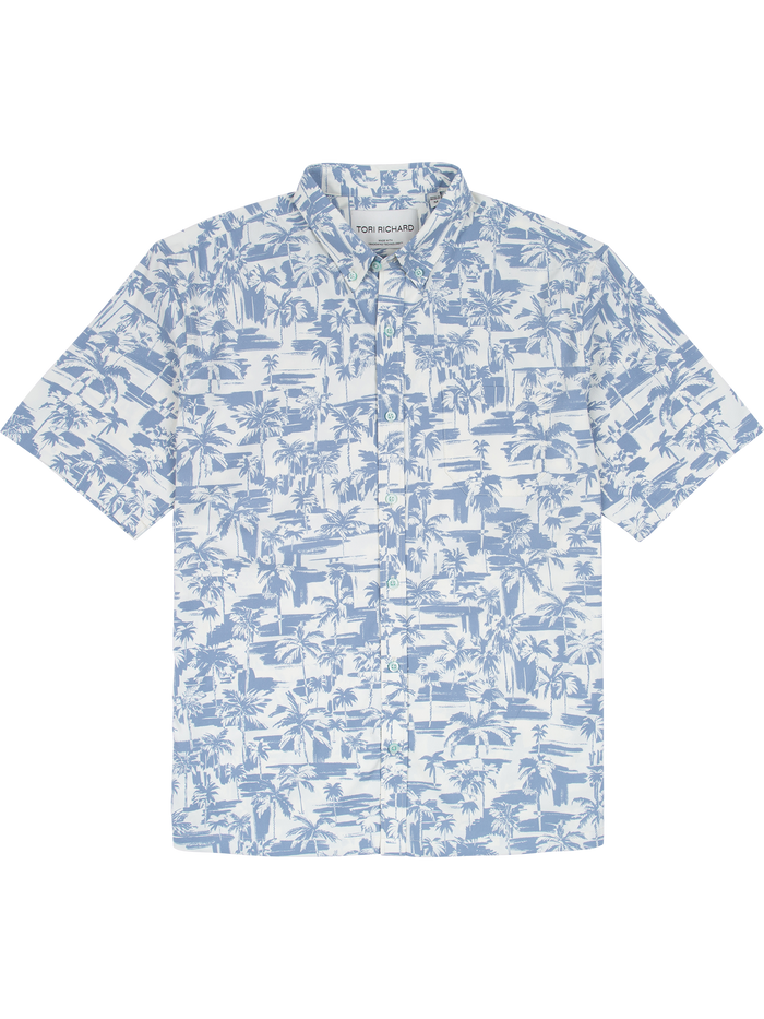 Light blue and white tropical-print short-sleeve shirt, front view, features UPF sun protection.