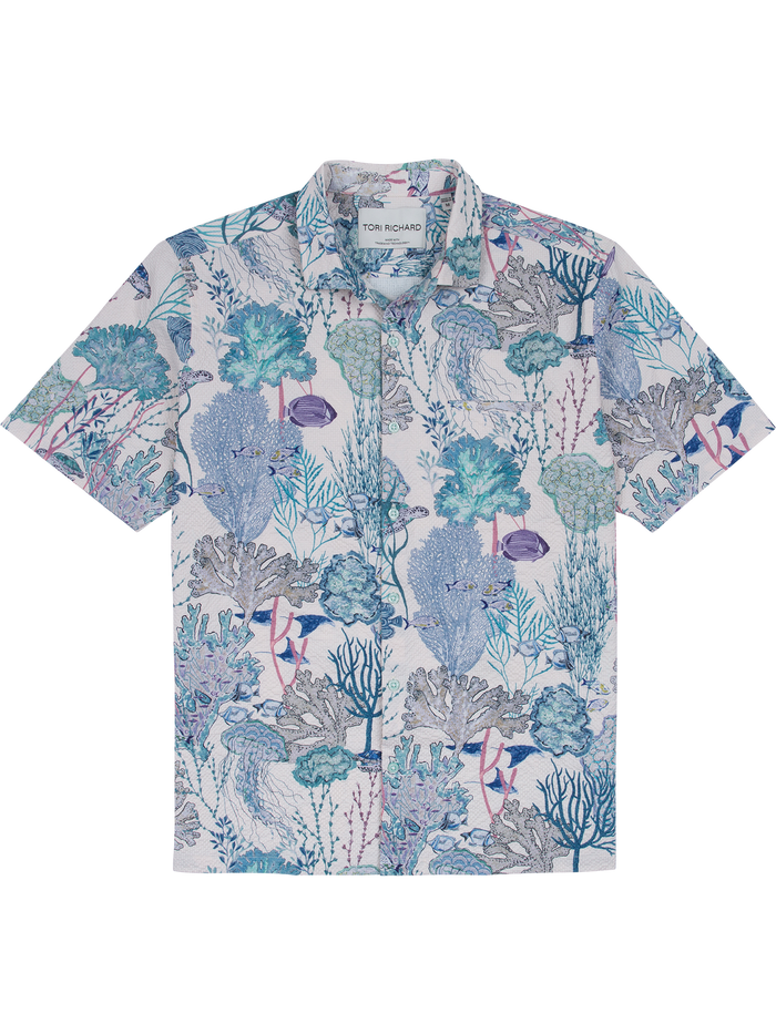 Light blue coral reef & fish-print cooling shirt with UPF sun protection, front and back views.
