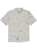 Beige map-print short-sleeve shirt with chest pocket, front view.