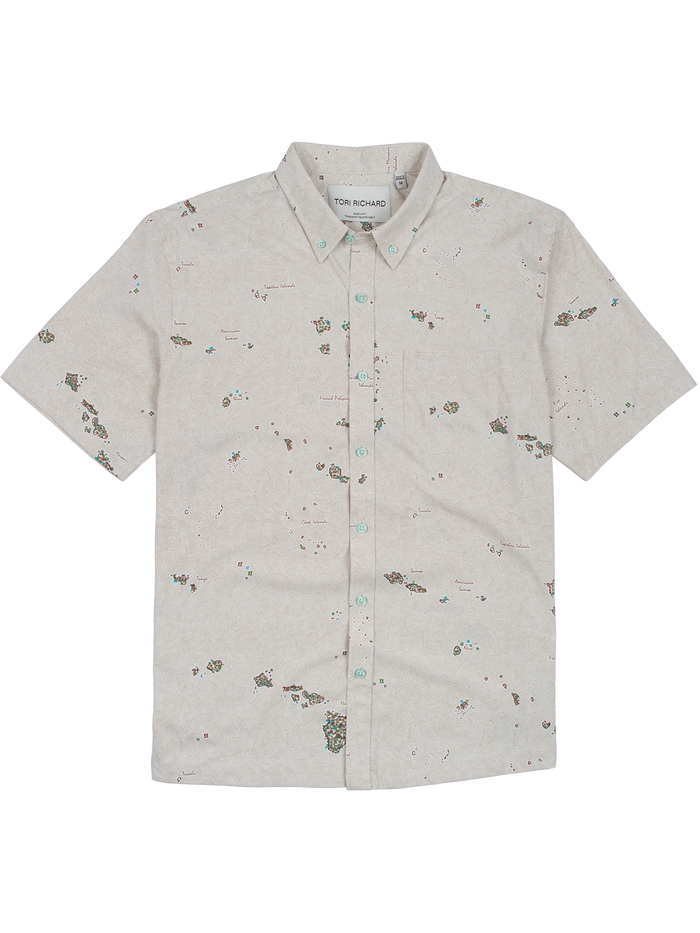 Beige map-print short-sleeve shirt with chest pocket, front view.