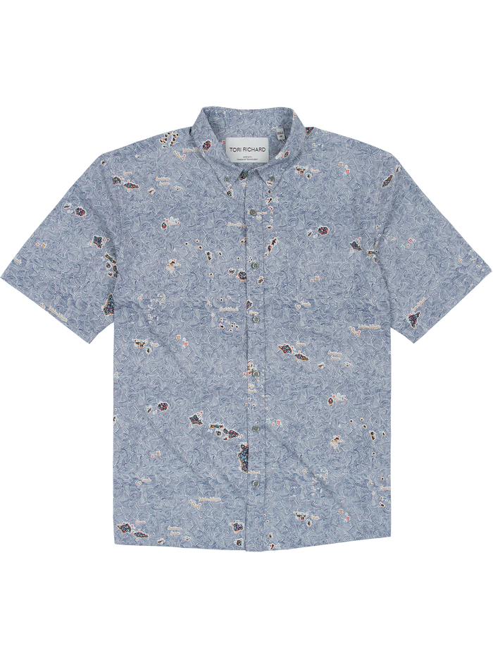 Blue floral map-print short-sleeve shirt, front view with moisture-wicking label. Angled button detail.