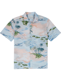 Light blue tropical palm and ocean, island and plane print cotton shirt, short sleeves, flat lay front view