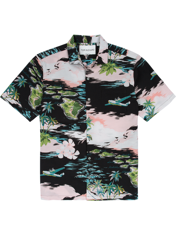 Black, pink, green, blue island-print Hawaiian shirt with palm trees, front view.