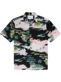 Pink, black, green & blue tropical short-sleeve shirt with island and plane print, front flat lay view.