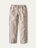 Taupe linen pant flatlay image on white background, front view.