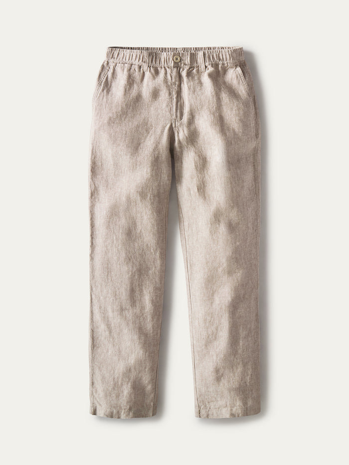 Taupe linen pant flatlay image on white background, front view.