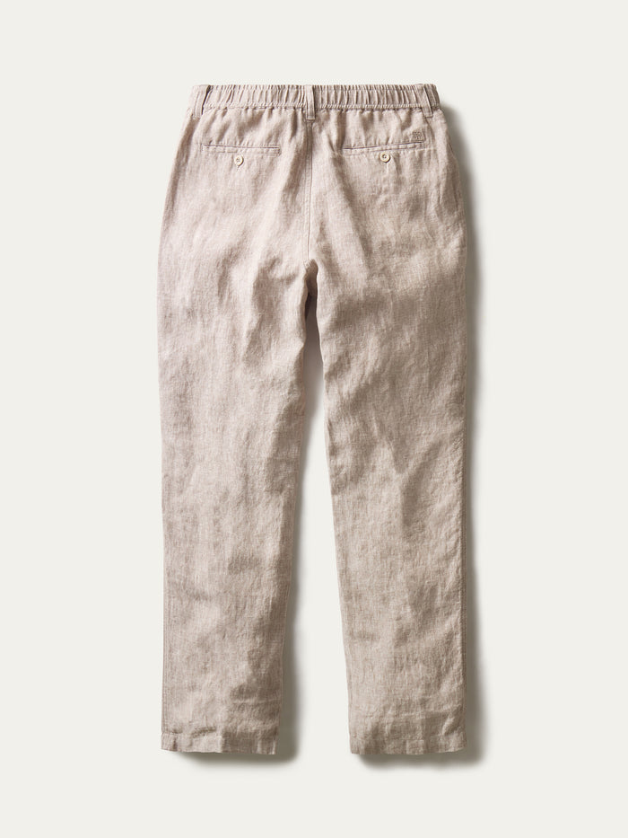 Taupe linen pant flatlay image on white background, rear view.
