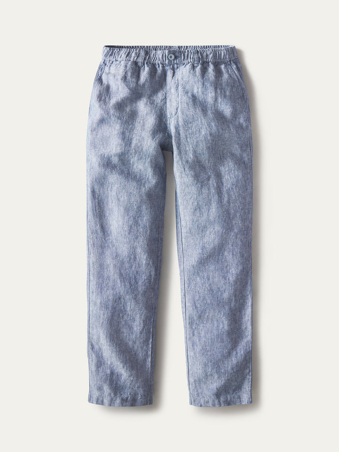 Chambray linen pant flatlay image on white background, front view.