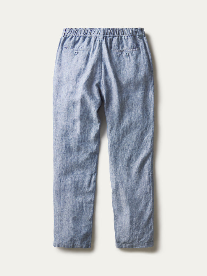 Chambray linen pant flatlay image on white background,  rear view.