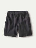 Black linen shorts, solid color, elastic waist with button, side pockets, front view.
