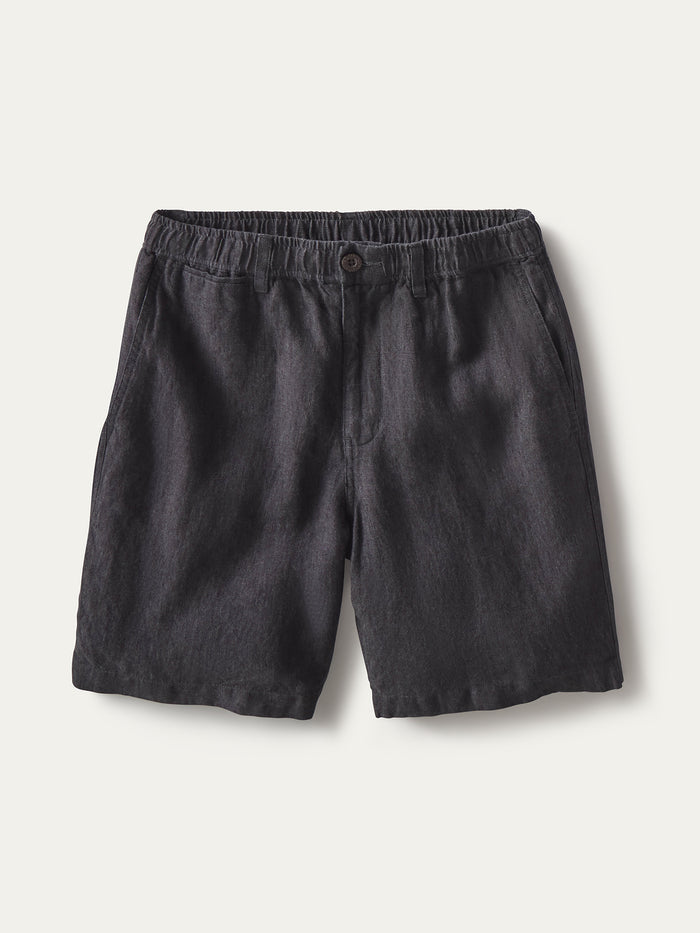 Black linen shorts, solid color, elastic waist with button, side pockets, front view.
