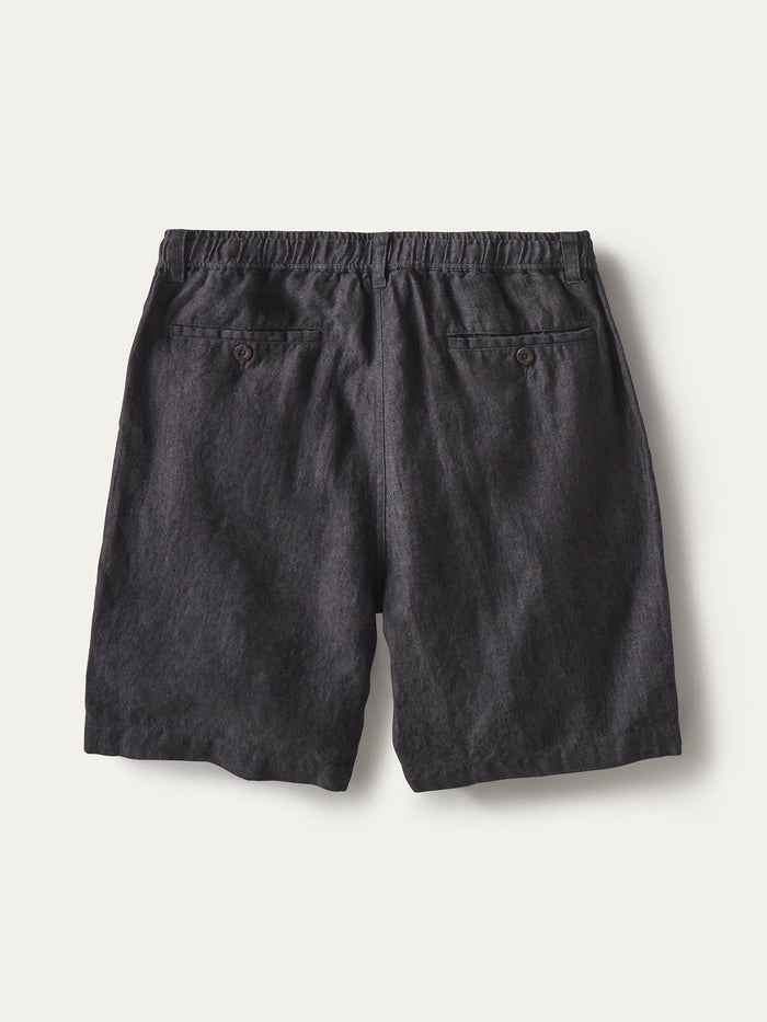 Dark gray solid linen shorts, back view, elastic waistband, two button pockets (Images 1 & 2).