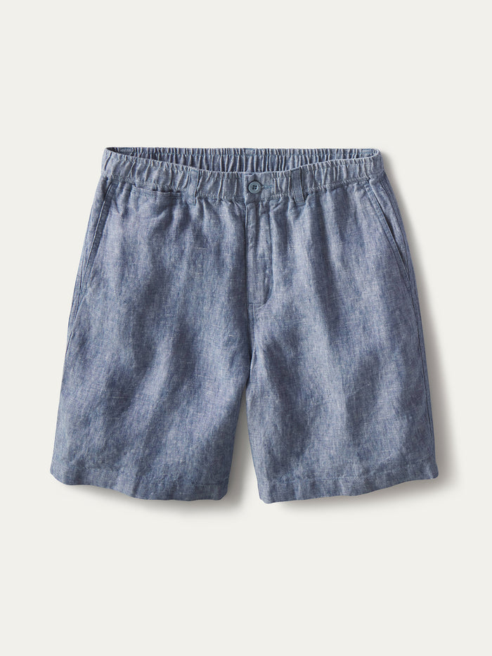 Blue chambray linen shorts, elastic waist, button front, side pockets; shown from front and side views.