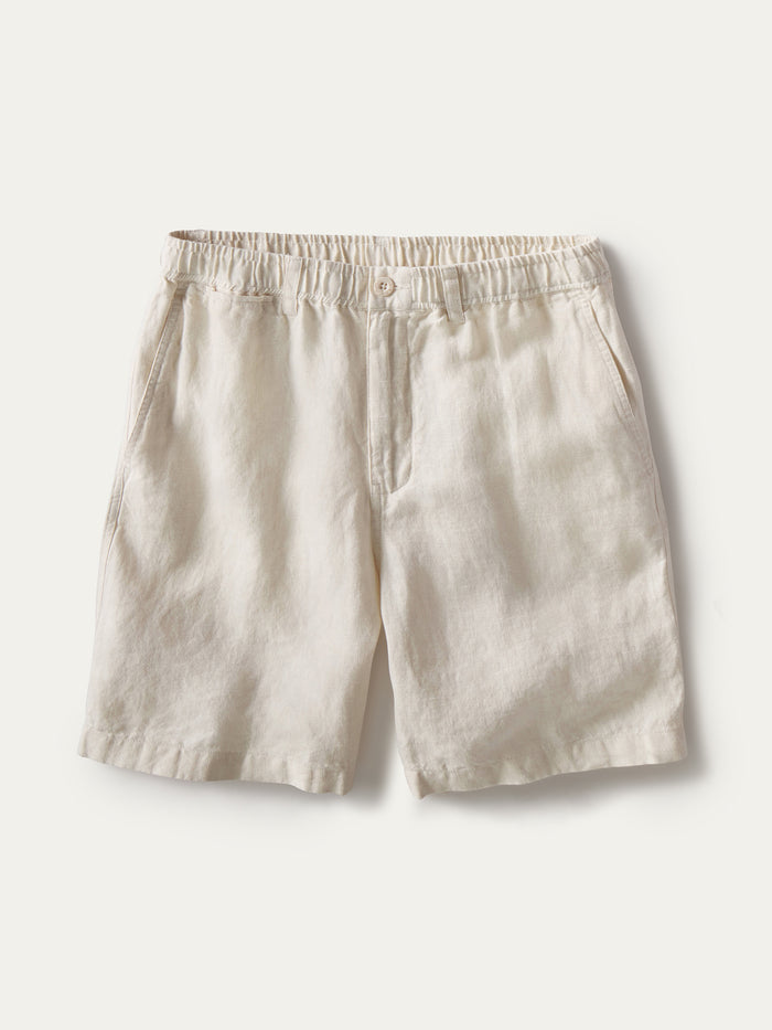 Beige linen shorts: elastic waist, side pockets, front button, flat lay view (Images 1 & 2).