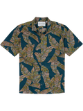 Green and brown tropical leaf-print cotton short-sleeve shirt, front view.