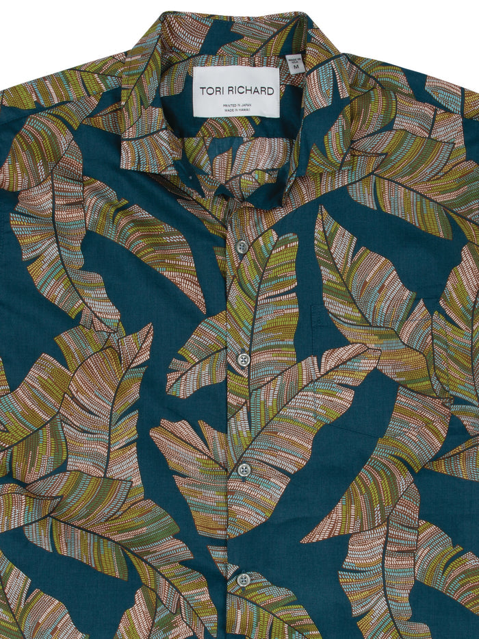 Teal tropical-leaf print cotton button-up shirt, front view, Tori Richard label.
