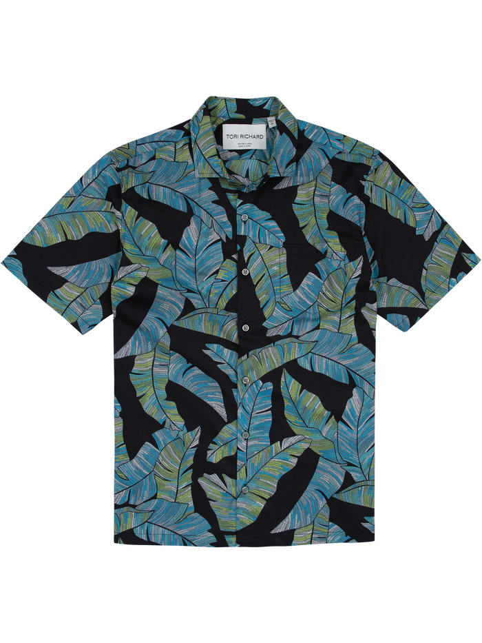 Black short-sleeve shirt with blue-green tropical leaf print, Cotton Lawn; includes front view and fabric close-up.