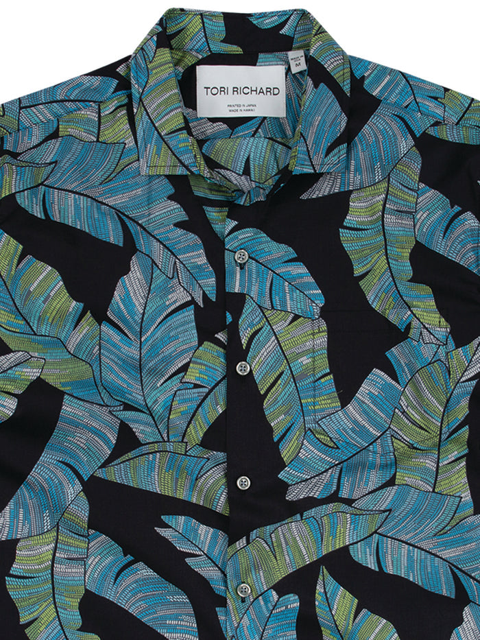 Blue and green leaf-print cotton button-up shirt, front view, Tori Richard label shown.