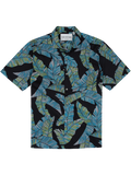 Green and blue leaf-print short-sleeve button-up shirt, front view shown in both images.