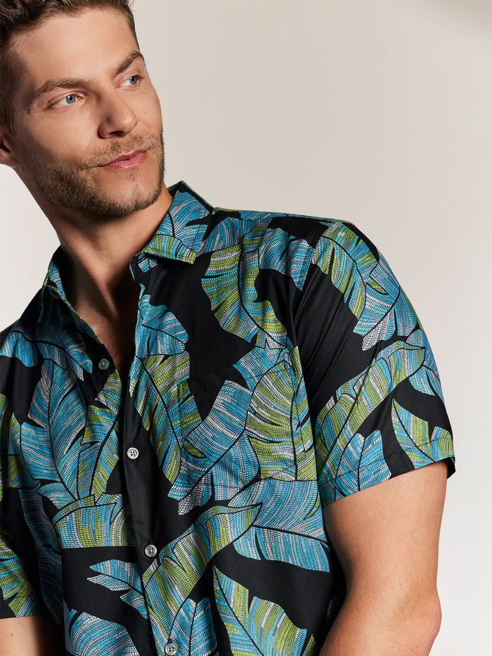 Blue and green banana-print cotton shirt, side view