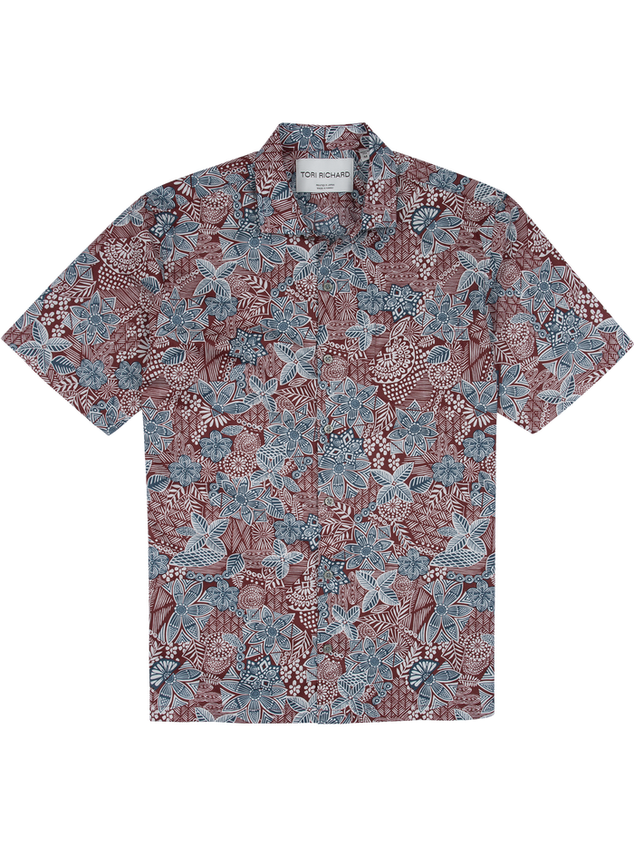 Red, blue, and white floral-print lightweight cotton shirt, front view on white background.