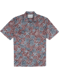 Red, blue, and white floral-print lightweight cotton shirt, front view on white background.