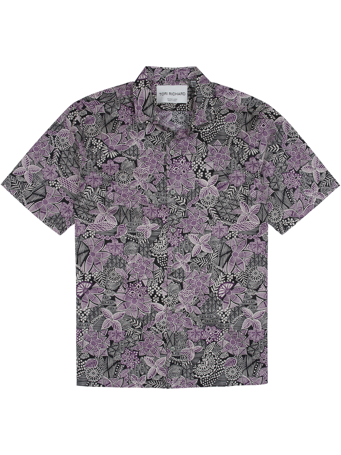 Purple and black floral-print cotton lawn shirt, flat lay front view.